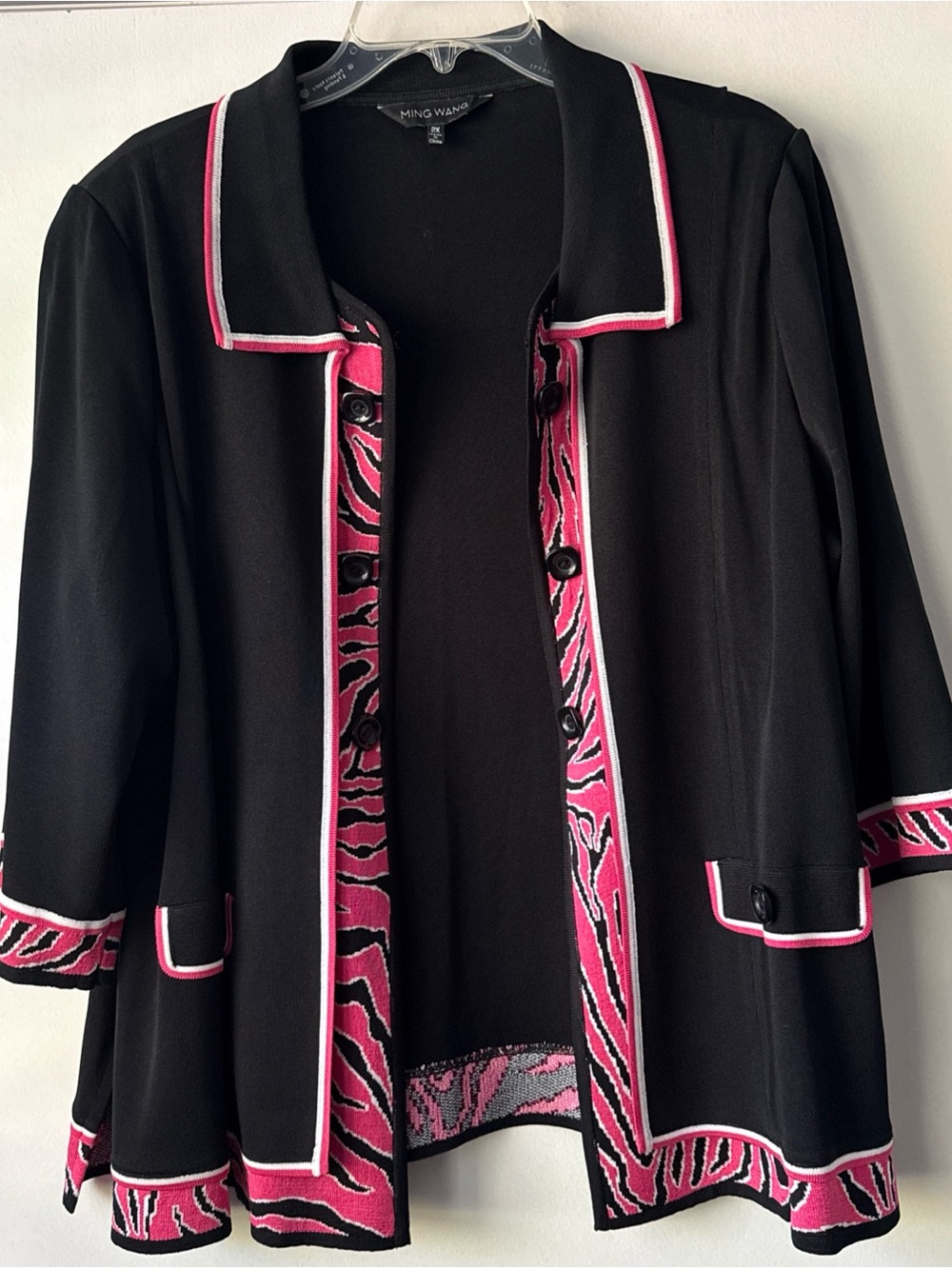 Ming Wang Knit Jacket, Women's Sz 2X Pink Black Career Open Front 3/4 Sleeve